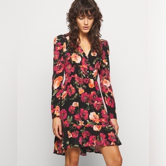 The Kooples Silk Black Pink Orange Floral Long Sleeve Button Formal Ruffle Dress - Picture 1 of 16